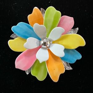Vintage Sarah Coventry Silver Tone Enamel Flower Brooch Multi Color signed